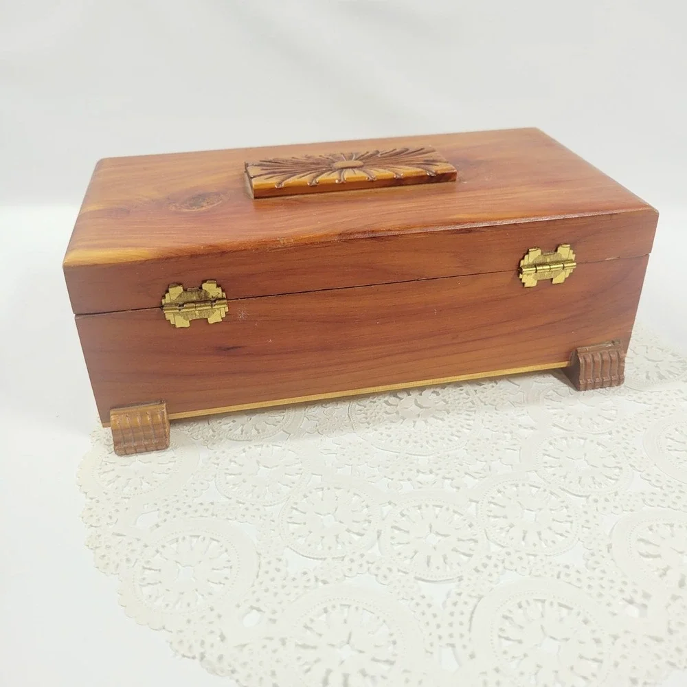 Vintage Carved Cedar Wood Jewelry Trinket Box With Mirror & Feet